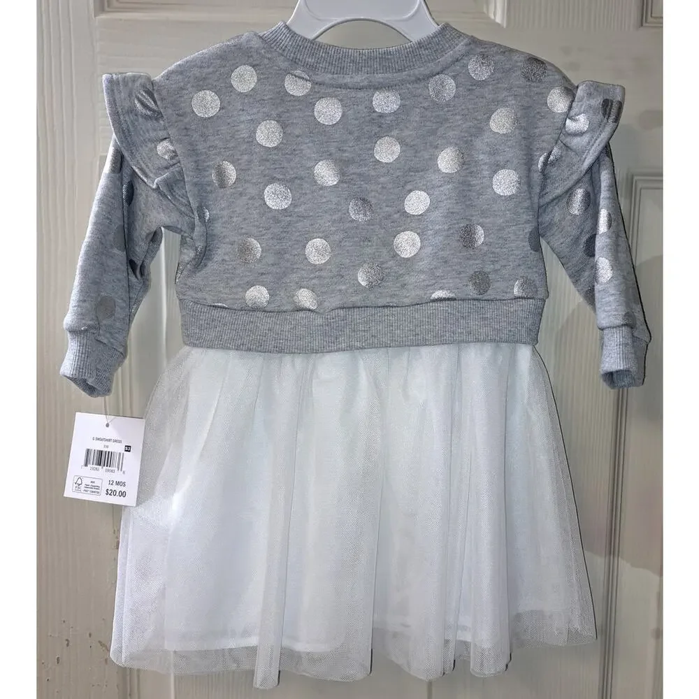 New Roots & Threads Toddler Girls Sweater Dress 12M Gray Silver Polka Dot Tulle